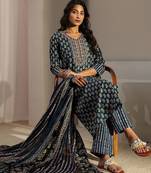 women ethnic motifs printed regular thread work kurta with trousers & with dupatta