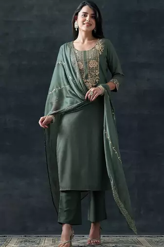 floral embroidered thread work straight kurta with trousers & dupatta