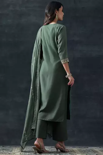 floral embroidered thread work straight kurta with trousers & dupatta