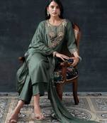 floral embroidered thread work straight kurta with trousers & dupatta