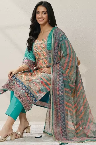 women ethnic motifs printed regular mirror work kurta with trousers & with dupatta