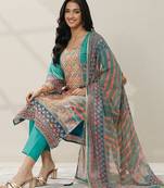 women ethnic motifs printed regular mirror work kurta with trousers & with dupatta