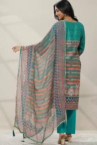 women ethnic motifs printed regular mirror work kurta with trousers & with dupatta