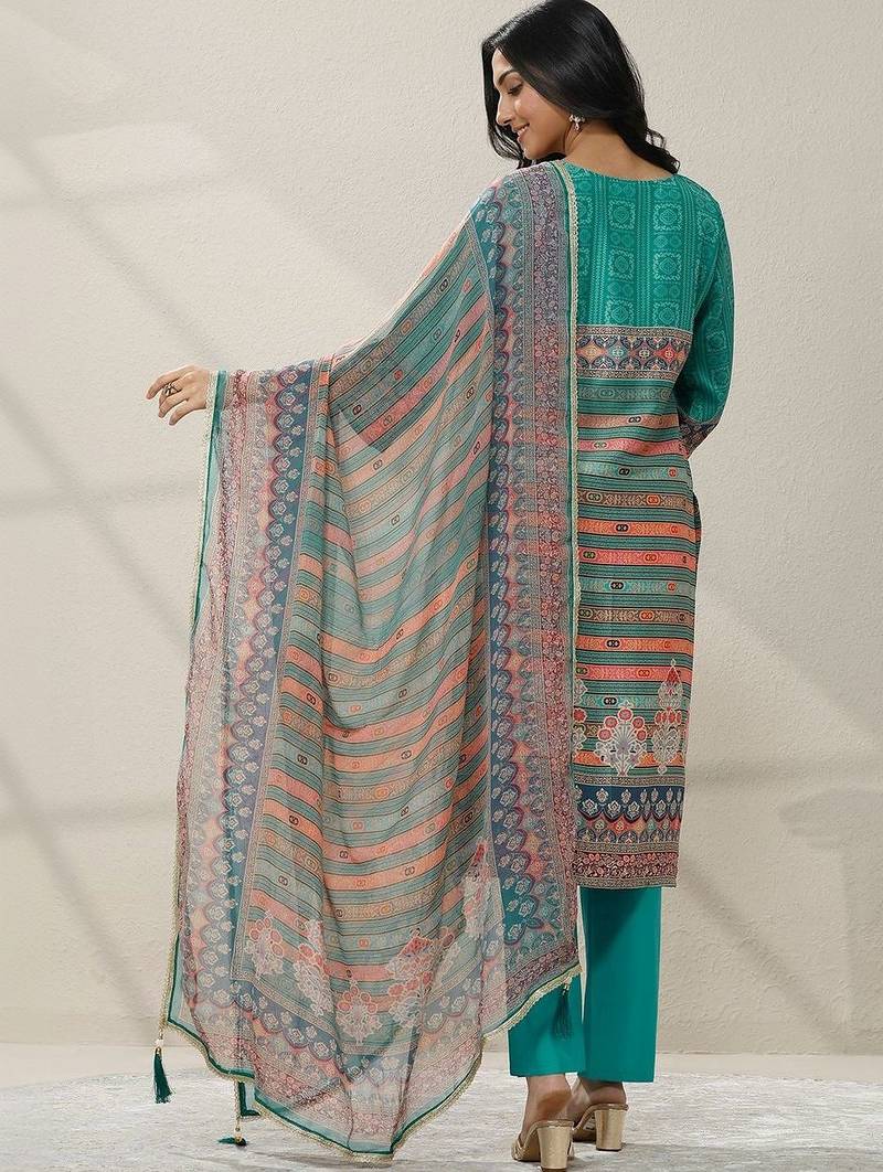 women ethnic motifs printed regular mirror work kurta with trousers & with dupatta