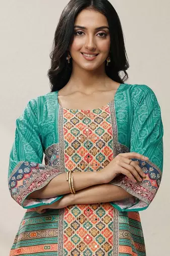 women ethnic motifs printed regular mirror work kurta with trousers & with dupatta