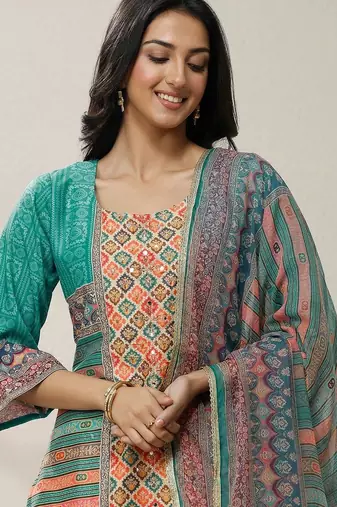women ethnic motifs printed regular mirror work kurta with trousers & with dupatta
