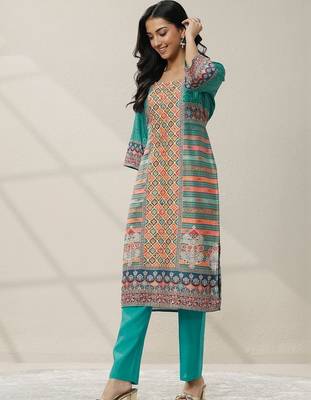 women ethnic motifs printed regular mirror work kurta with trousers & with dupatta 6