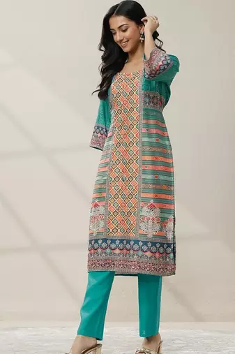 women ethnic motifs printed regular mirror work kurta with trousers & with dupatta