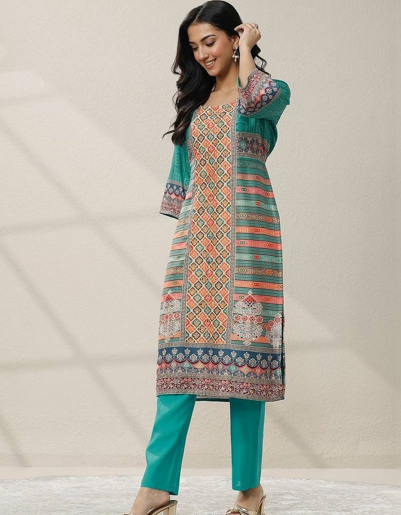 women ethnic motifs printed regular mirror work kurta with trousers & with dupatta