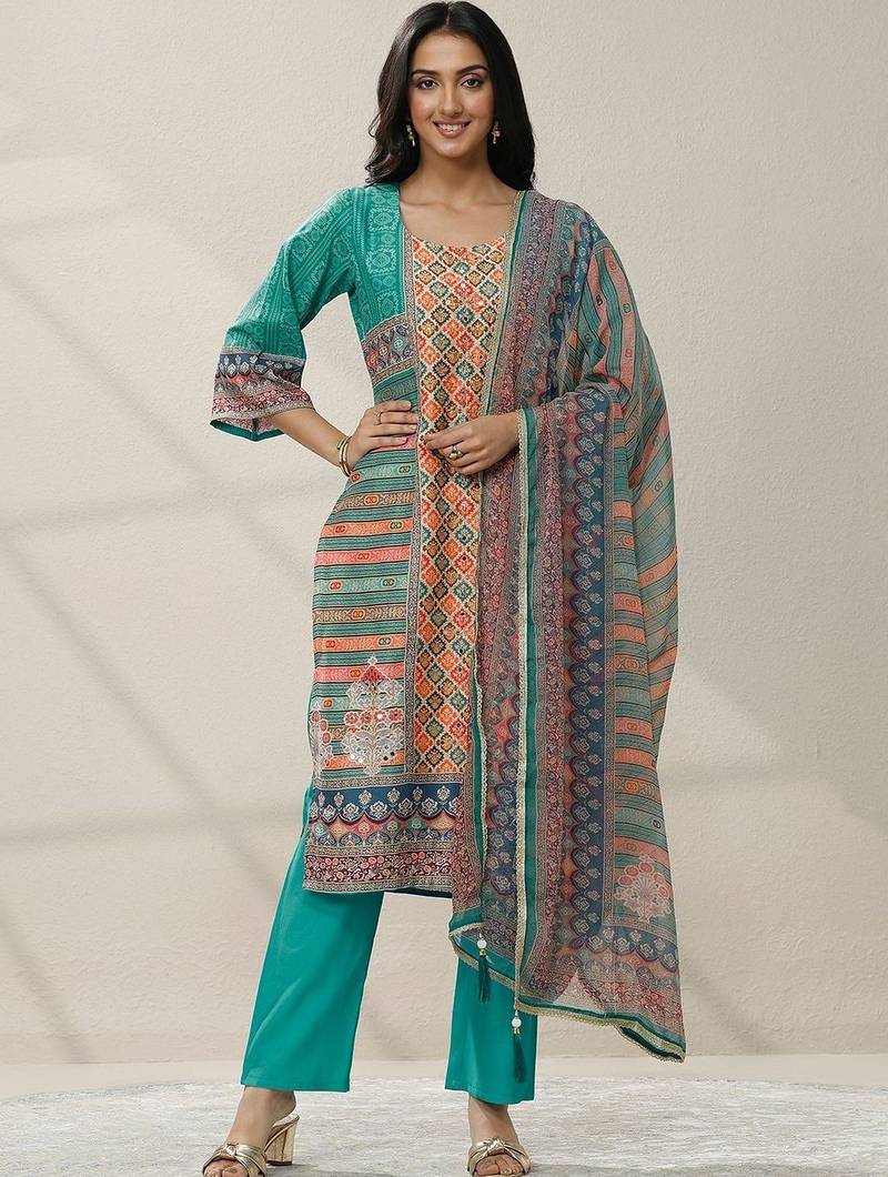 women ethnic motifs printed regular mirror work kurta with trousers & with dupatta