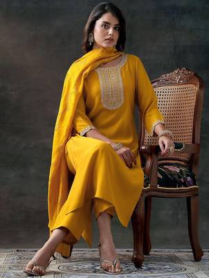 women floral yoke design sequinned kurta with trousers & with dupatta 1
