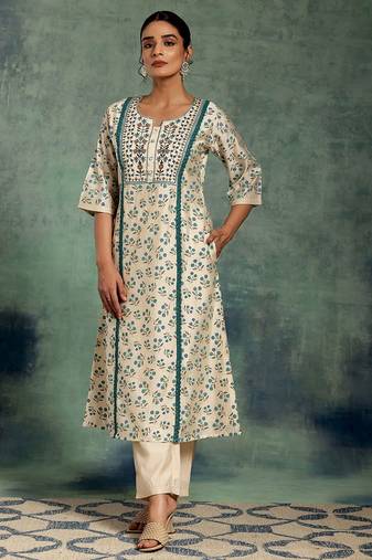beige floral printed thread work panelled a-line kurta with palazzos