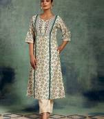 beige floral printed thread work panelled a-line kurta with palazzos