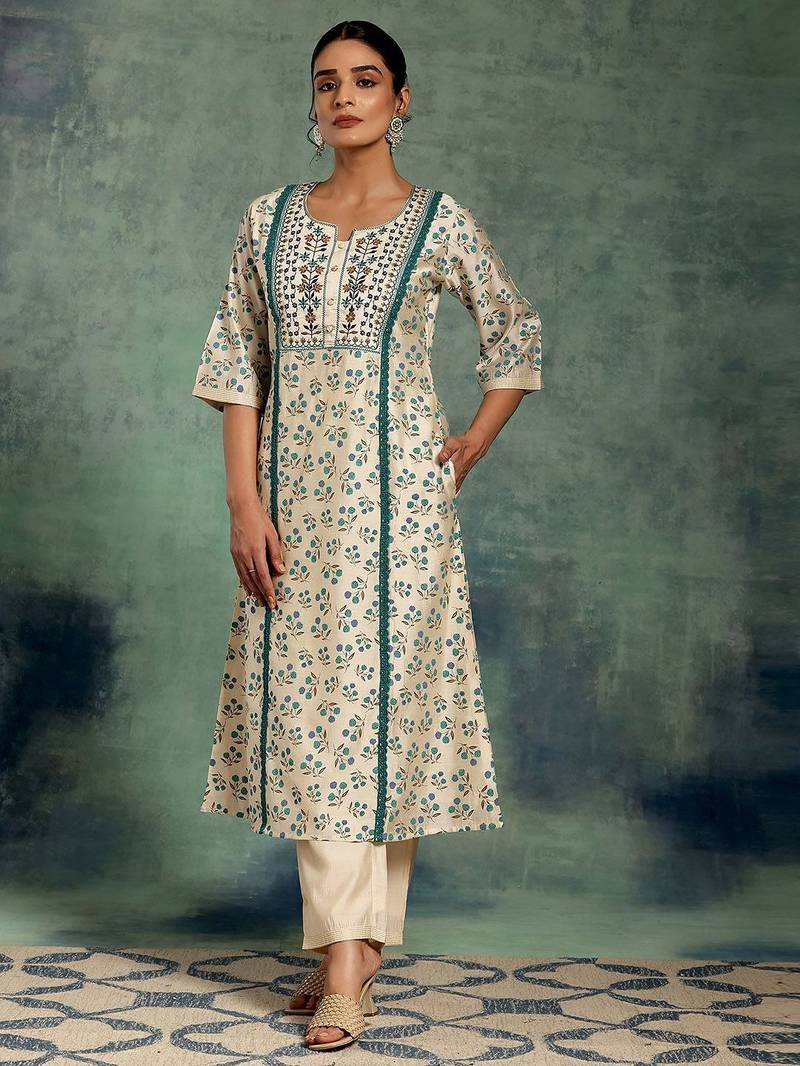 beige floral printed thread work panelled a-line kurta with palazzos