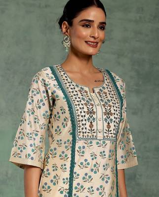 beige floral printed thread work panelled a-line kurta with palazzos 2