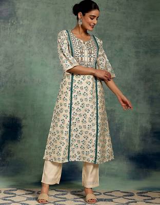 beige floral printed thread work panelled a-line kurta with palazzos 4