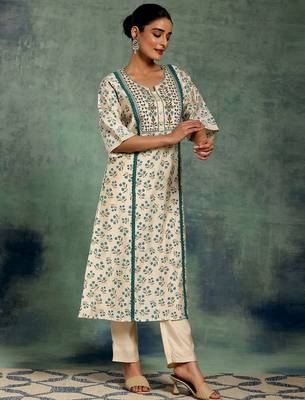 beige floral printed thread work panelled a-line kurta with palazzos 6