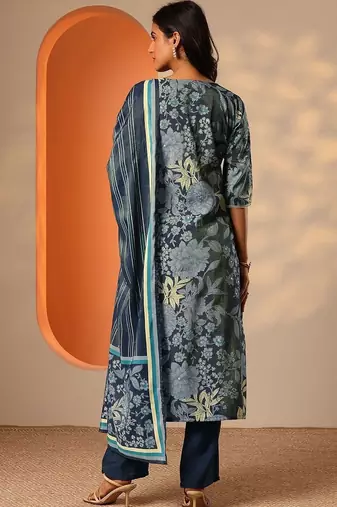 women floral printed regular thread work kurta with trousers & with dupatta
