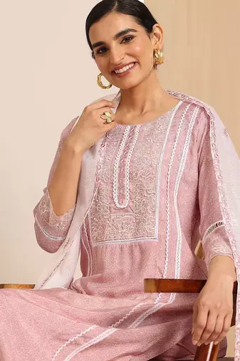 floral yoke design thread work chanderi silk kurta with trousers & with dupatta
