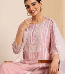 floral yoke design thread work chanderi silk kurta with trousers & with dupatta