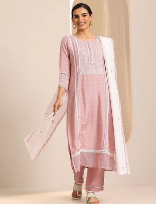 floral yoke design thread work chanderi silk kurta with trousers & with dupatta 1