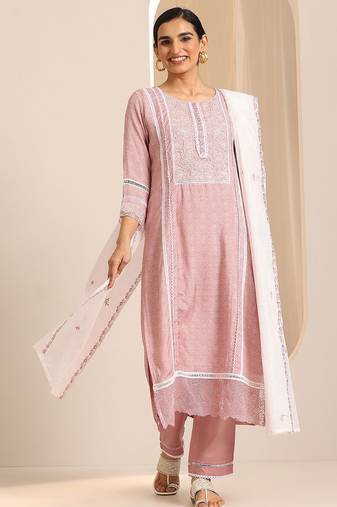 floral yoke design thread work chanderi silk kurta with trousers & with dupatta