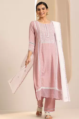 floral yoke design thread work chanderi silk kurta with trousers & with dupatta