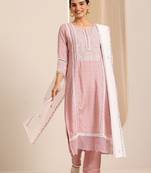 floral yoke design thread work chanderi silk kurta with trousers & with dupatta