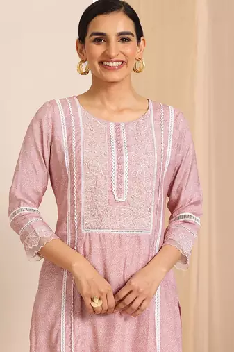 floral yoke design thread work chanderi silk kurta with trousers & with dupatta