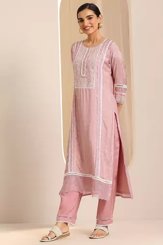 floral yoke design thread work chanderi silk kurta with trousers & with dupatta