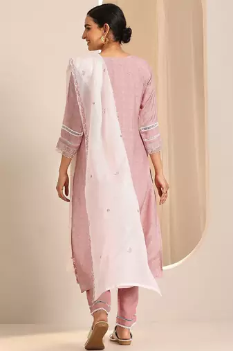 floral yoke design thread work chanderi silk kurta with trousers & with dupatta