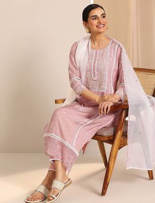 floral yoke design thread work chanderi silk kurta with trousers & with dupatta 6