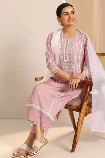 floral yoke design thread work chanderi silk kurta with trousers & with dupatta