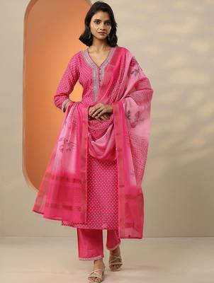 bandhani printed thread work straight kurta with trousers & dupatta 1