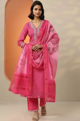 bandhani printed thread work straight kurta with trousers & dupatta