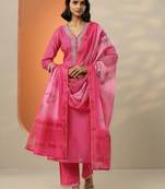bandhani printed thread work straight kurta with trousers & dupatta