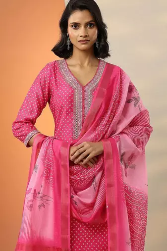 bandhani printed thread work straight kurta with trousers & dupatta