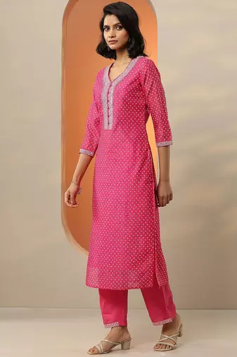 bandhani printed thread work straight kurta with trousers & dupatta