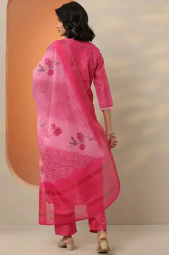 bandhani printed thread work straight kurta with trousers & dupatta