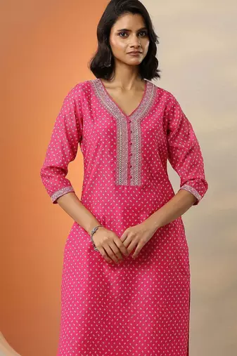 bandhani printed thread work straight kurta with trousers & dupatta