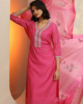 bandhani printed thread work straight kurta with trousers & dupatta 6
