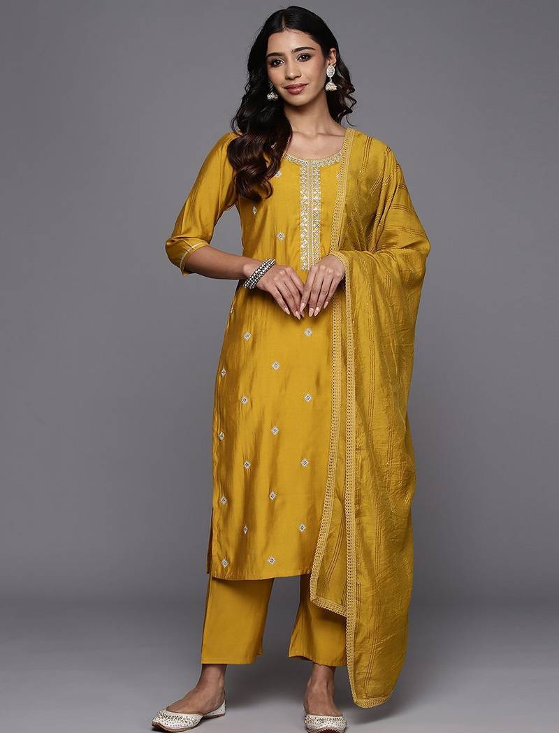 women ethnic motifs embroidered kurta with trousers & dupatta