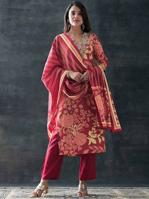 floral printed v-neck straight kurta with trousers & dupatta 1