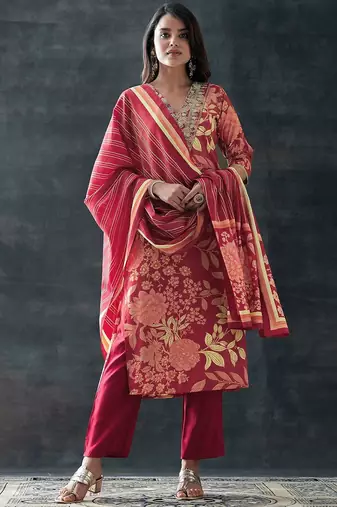 floral printed v-neck straight kurta with trousers & dupatta