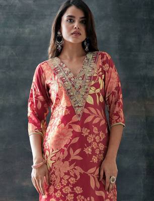 floral printed v-neck straight kurta with trousers & dupatta 3