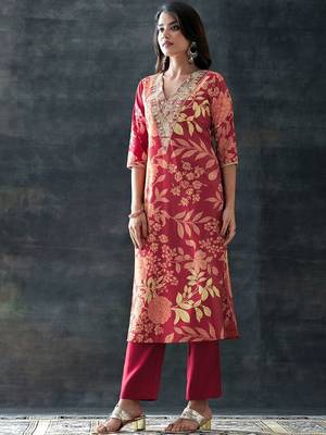 floral printed v-neck straight kurta with trousers & dupatta 4
