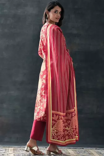 floral printed v-neck straight kurta with trousers & dupatta