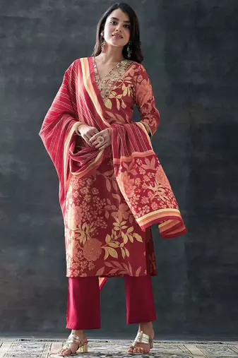 floral printed v-neck straight kurta with trousers & dupatta