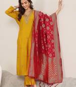 floral embroidered v neck sequinned kurta with trousers & dupatta
