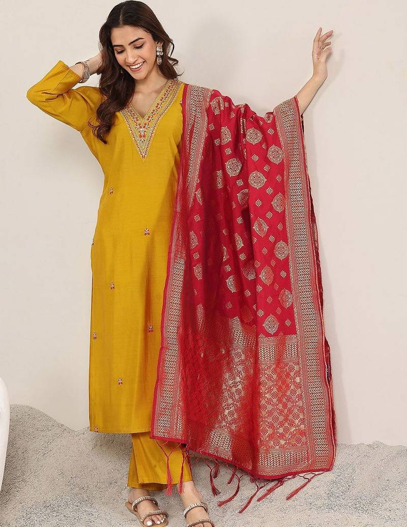 floral embroidered v neck sequinned kurta with trousers & dupatta